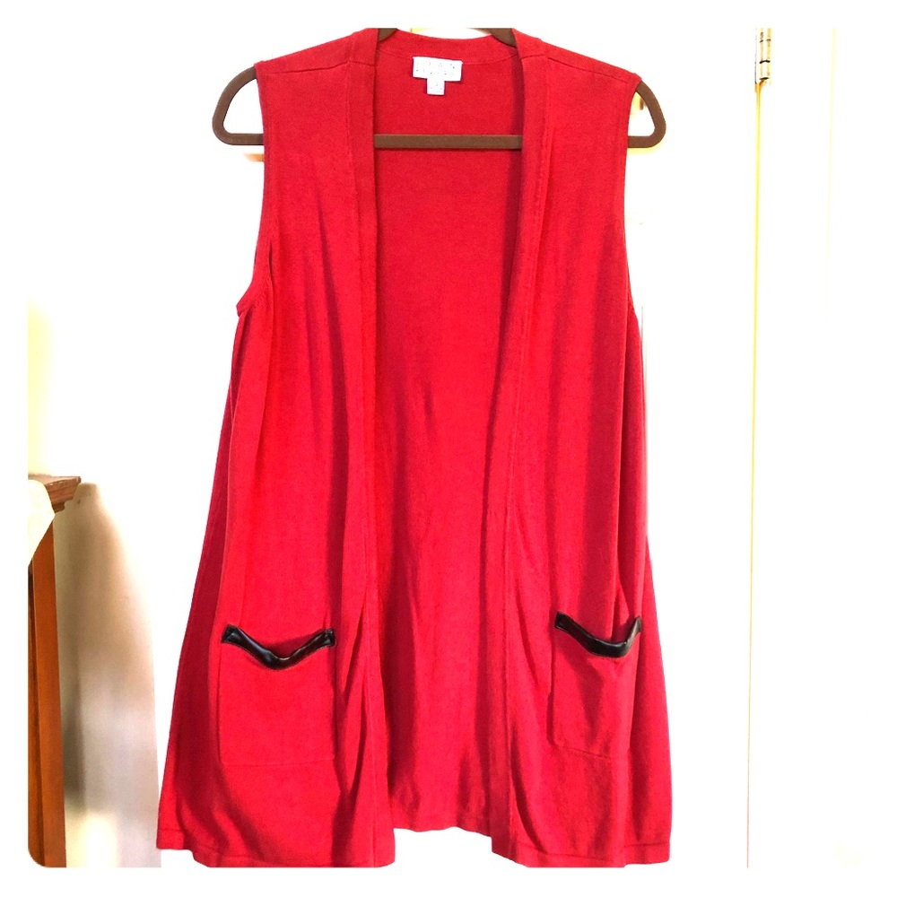 Joan Rivers Red Vest Faux Leather Trim - 1X